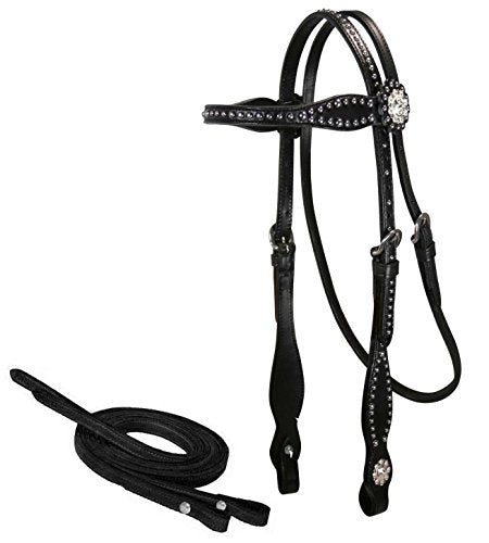 Tahoe Tack Leather Starry Night Studded Horse Headstall & Matching Reins, Black, Full Horse (17-1736-BK)