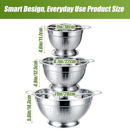 Palksky Stainless Steel Colander Set of 3, Nesting Metal Strainers with Handles and Raised Base, 7/8.7/11 Inch Kitchen Colanders for Pasta, Vegetables, Fruit, Rice, Salad and Meal Prep - color: 3 Sizes Colander Set with Handles