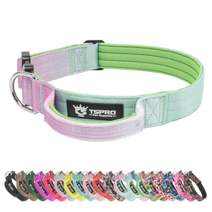 TSPRO Heavy Duty Tactical Dog Collar Quick Release Metal Buckle with Handle | Premium Dog Collar, Military Grade, 1.25 Inch Wide, Soft Padded, Thick, Adjustable for Medium Dogs (Pink & Cyan Gradient M) - color: Pink Mint & Cyan Gradient, size: M, Handle S