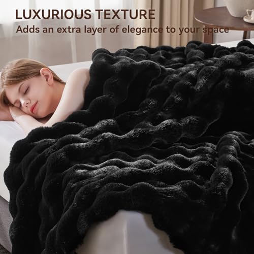Anysay Faux Fur Throw Blanket, 1000GSM Fluffy Soft Bubble Blanket 80''*90'' - color: Black, size: Queen