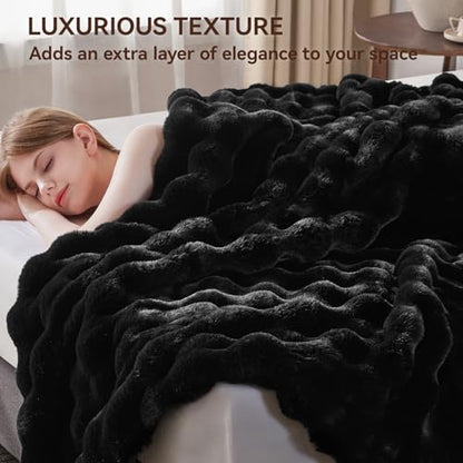 Anysay Faux Fur Throw Blanket, 1000GSM Fluffy Soft Bubble Blanket 80''*90'' - color: Black, size: Queen