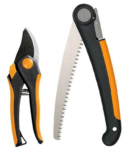 Fiskars 2-Piece Garden Tool Set, Folding Hand Saw & Pruning Shears | Gardening Tools, Bypass Garden Clippers with Low-Friction Steel Blades, Pruning Saw with Power Tooth Triple Grind Blade - style: Folding Saw & Pruner Set