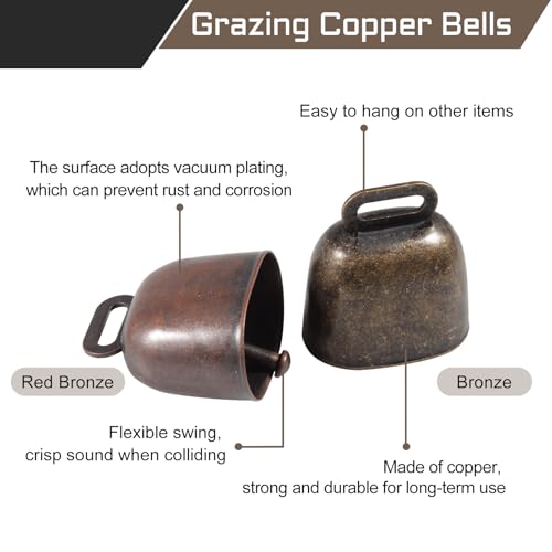 Goat Bells and Collars Set 4 Pcs Cow Horse Sheep Grazing Copper Bells and Lobster Claw Clasps Goat Collars for Cow Horse Sheep Small Pets Anti-Theft Accessories