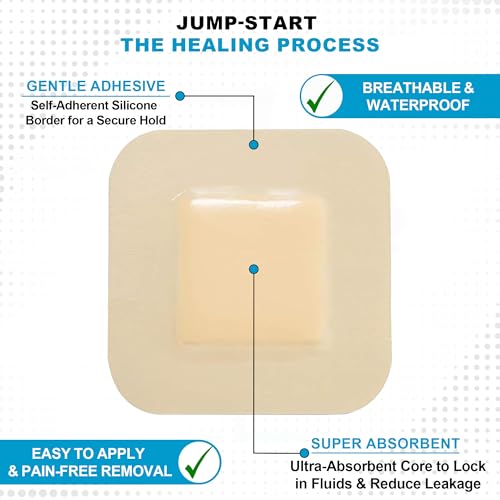 Medvance Waterproof Adhesive Bordered Foam Dressing, 4"x4", Box of 5 | Individually Wrapped - Highly Absorbent Bandages - Semi-Permeable Foam Wound Dressing Pads - size: 4"X4"