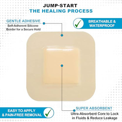 Medvance Waterproof Adhesive Bordered Foam Dressing, 4"x4", Box of 5 | Individually Wrapped - Highly Absorbent Bandages - Semi-Permeable Foam Wound Dressing Pads - size: 4"X4"