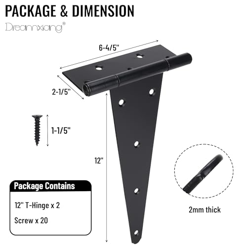 12 Inch T-Strap Gate Hinges, Heavy Duty Shed Barn Door Hinges, Black Tee Hinges for Wooden Fence, Yard Gate, Wrought Hardware Iron Rustproof (2 Pack) - size: 12 Inch