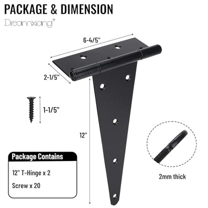 12 Inch T-Strap Gate Hinges, Heavy Duty Shed Barn Door Hinges, Black Tee Hinges for Wooden Fence, Yard Gate, Wrought Hardware Iron Rustproof (2 Pack) - size: 12 Inch