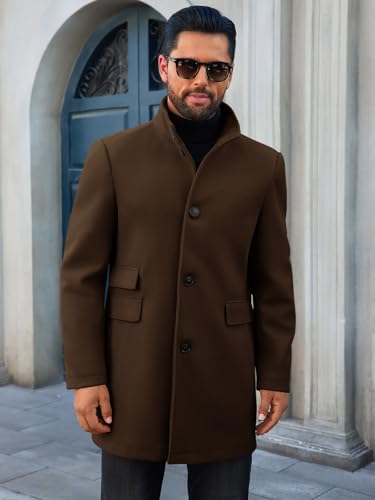 Runcati Mens Pea Coat Single Breasted Mid Long Trench Coat Overcoat | Slim Fit, Stand Collar, Fall Winter, Jacket, Pocket, Warm, Casual, Dress, Business, Christmas Gift - color: Coffee, size: Medium