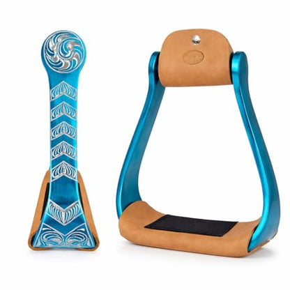 Horse Western 5" Wide Barrel Racer Engraved Aluminum Show Stirrups 51244 - color: Turquoise