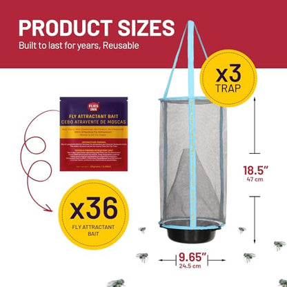 1 Flies Inn LITE Fly Cage Ranch Fly Trap with 2 Flies Inn Fly Bait Refill, Low Odor, Reusable, Built to Last for Years (3 Traps + 36 Baits, 1) - style: 3 Traps + 36 Baits