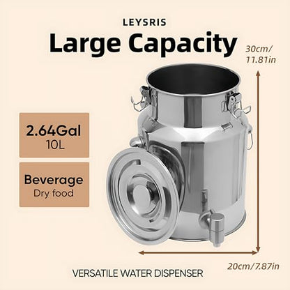 304 Stainless Steel Beverage Dispenser with Spigot, 10L/2.64 Gal 304 Milk Can Drink Dispenser with Sealed Lid & Handle, for Iced Tea, Water, Milk, Wine, Juice, Home Kitchen, Cafes, Restaurants - size: 10L/2.64Gal