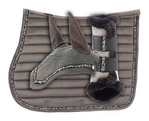 Equinavia Arendal Matching English Riding Horse Set | All Purpose Saddle Pad, Brushing Boots, and Ear Bonnet - color: Grey/Silver