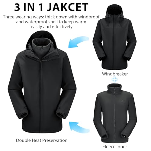 CAMEL CROWN Men's Ski Jacket 3 in 1 Waterproof Winter Jacket Snow Jacket Windproof Hooded with Inner Warm Fleece Coat - color: Black B612, size: Small