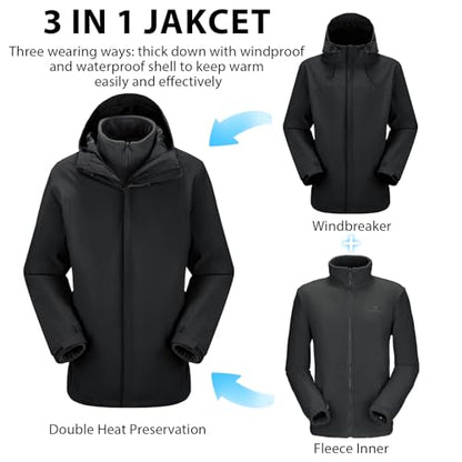 CAMEL CROWN Men's Ski Jacket 3 in 1 Waterproof Winter Jacket Snow Jacket Windproof Hooded with Inner Warm Fleece Coat - color: Black B612, size: X-Large