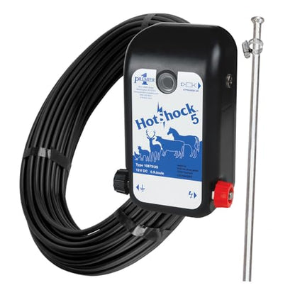 Premier 1 HotShock 5 Fence Energizer, Plug-in Kit, 0.5 Joule | Kit includes 100' insulated wire & ground rod. Plug-in, 110V. Low impedance. For temporary & semi-permanent fences.