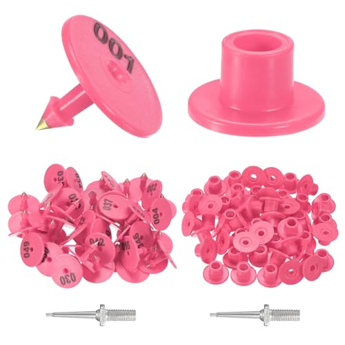 M METERXITY 50-Pack Cattle Ear Tags 001-050 Number, Plastic Round Livestock Tags with 2 Ear Label Needles for Cows/Sheep/Cattle/Pig, Farm Animal Identification Markers [Rose Red] - color: Rose Red