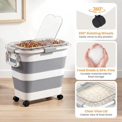 30 Lbs Rice Container, Collapsible Dog Food Storage Container | Airtight Cat Food Container with Wheels, Transparent Lid, Measuring Cup, Scoop and Handle, BPA Free for Pet Food, Bird Seed - size: 30 lbs