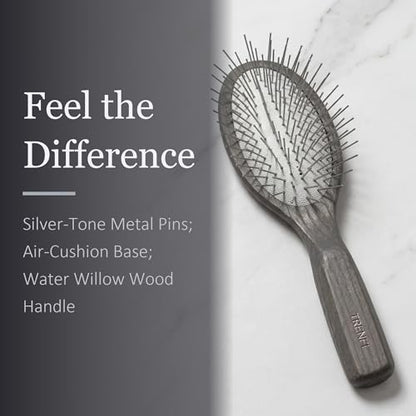 TRENFI Metal Pin Hair Brush Carbonized Willow Wood | Ground Tip Ends, Thick Wavy Curly Sections, Scalp Massage Feel, Air Cushion, Daily Detangling, Pressure Control, Low Static