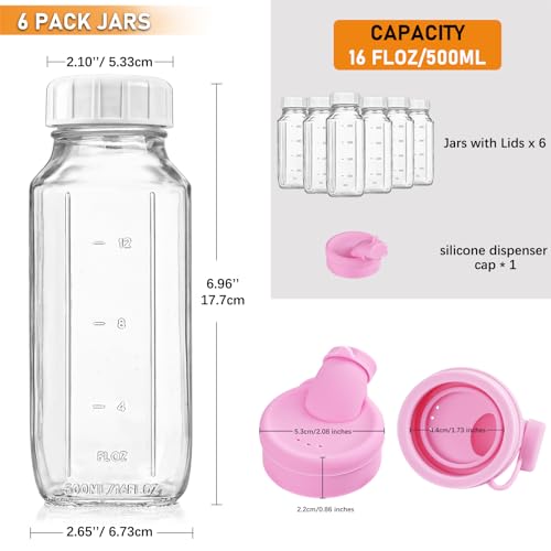 Sovietiep 6 Pack 16 Oz Breast Milk Storage Bottles, Glass Bottles with Lids | Square Measured Glass Bottles With Silicone Caps & Scale Marks For Juicing, 500ML, Reusable, Fridge-Safe, Dishwasher Safe