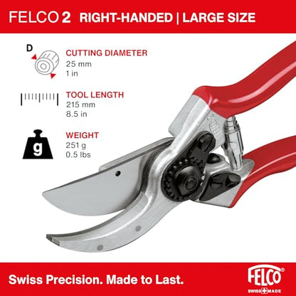 Felco F2 Pruning Shears – 9.25" Swiss-Made Garden Clippers for Professional Pruning | Hand Pruners for Gardening | Garden Tool Cutter with Precision Bypass Blade, Aluminum Body, Replaceable Parts - size: F2 Large Original