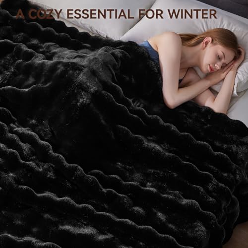 Anysay Faux Fur Throw Blanket, 1000GSM Fluffy Soft Bubble Blanket 50''*60'' - color: Black, size: Throw