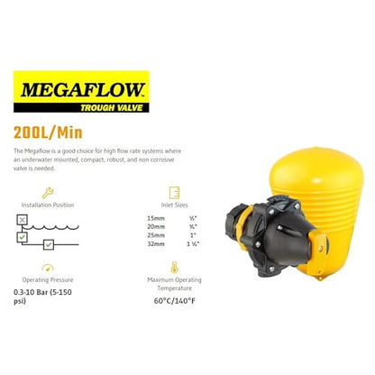Jobe Valves J-MFV0075DLT 82026 Megaflow Valve 3/4", Yellow/Black – High Flow Float Valve for Livestock Water Troughs, Up to 90 GPM, Underwater Mount, GF Nylon Construction - size: 2 Pack