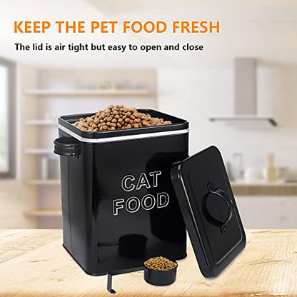 Pethiy Cat Food and Treats Containers Set with Scoop for Cats or Dogs -Tight Fitting Wood Lids - Coated Carbon Steel - Storage Canister Tins-Cat-Black - color: Black(CAT FOOD)