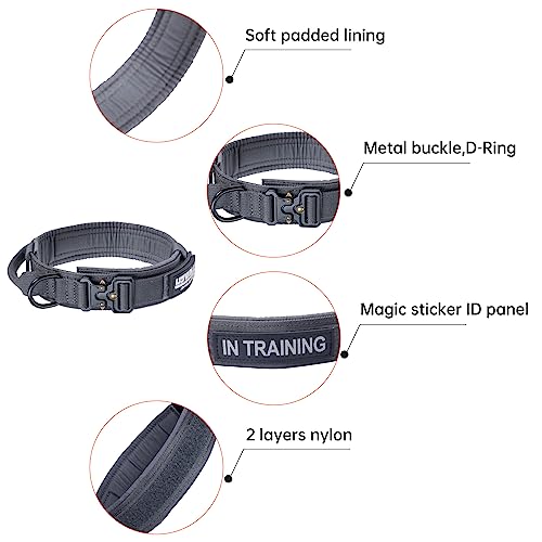 EXCELLENT ELITE SPANKER Tactical Nylon Dog Collar Military Metal Buckle | Adjustable Training Padded Durable Dog Collar Heavy Duty with Control Handle & Patches for Medium and Large Dogs Easy Wear - color: Grey, size: M-(14''-18")