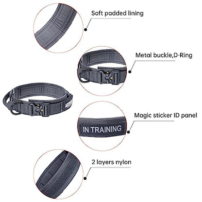 EXCELLENT ELITE SPANKER Tactical Nylon Dog Collar Military Metal Buckle | Adjustable Training Padded Durable Dog Collar Heavy Duty with Control Handle & Patches for Medium and Large Dogs Easy Wear - color: Grey, size: M-(14''-18")