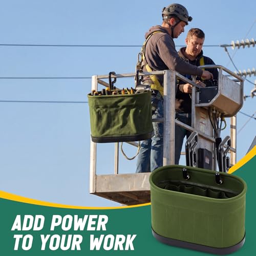 Vesici 2 Set Military Green Canvas Bucket Bag Including Hooks Aerial Oval Lineman Tool Bucket with Black Polypropylene Bottom 15 Pockets Tool Organizer for Industrial Maintenance Construction Sites - color: Military Green