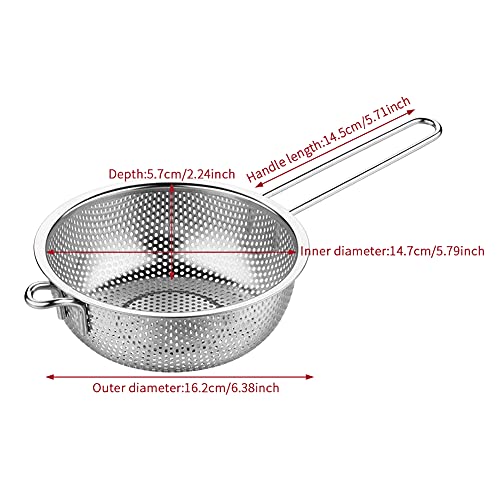 Stainless Steel Fine Mesh Colander with Long Handle, 6-Inch Metal Food Strainer with Resting Feet, Micro-Perforated Colander Metal Kitchen Strainer for Fried Food Vegetable Fruit(silver)