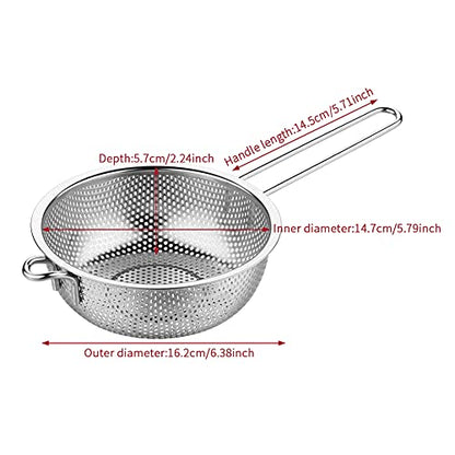 Stainless Steel Fine Mesh Colander with Long Handle, 6-Inch Metal Food Strainer with Resting Feet, Micro-Perforated Colander Metal Kitchen Strainer for Fried Food Vegetable Fruit(silver)