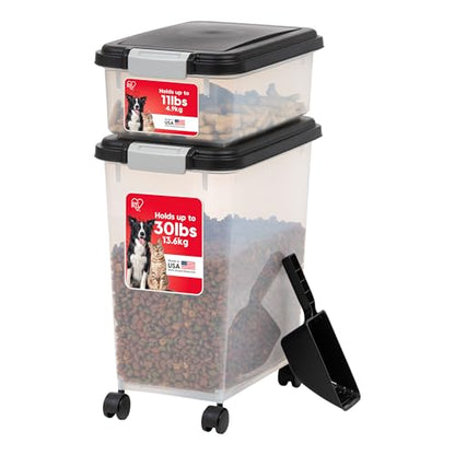 IRIS USA 30 lb + 11 lb Airtight Pet Food Storage Containers with Wheels - color: Black