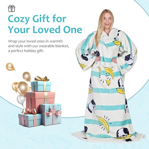 Catalonia Sherpa Wearable Blanket with Sleeves and Pocket for Adults - color: Banana Dog White, size: Standard Pocket