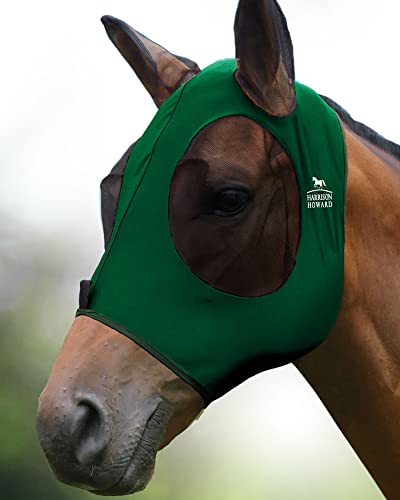 Harrison Howard Super Comfort Stretchy Fly Mask Large Eye Space with UV Protection Soft on Skin with Breathability Deep Green M Cob - color: Deep Green, size: Cob (Medium)