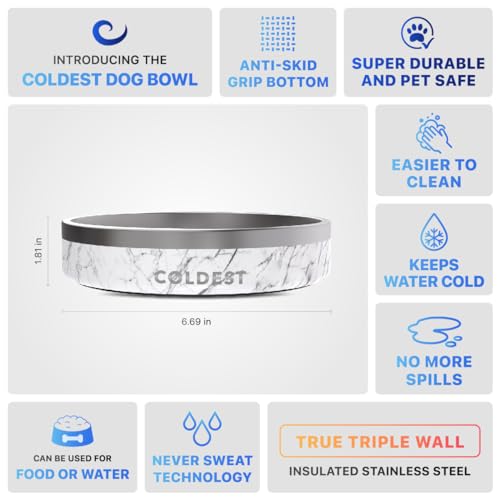 Coldest Dog Bowl - Anti Rust Metal, Non Slip, 3 Layers Insulated Stainless Steel Dog Bowls - Spill Proof & Heavy Duty - Water Bowl for Dogs, Cats & Pets, Dish Washer Safe (21 oz, Carrara Marble) - color: Carrara Marble, size: 21 oz