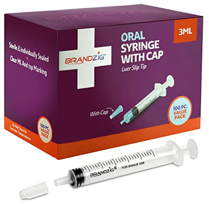 3ml Syringe With Cap (100 Pack) | Oral Dispenser Without Needle, Luer Slip Tip | Individually Wrapped Medicine Dropper For Infants & Pets