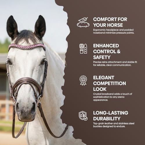Equine Care English Horse Bridle with Reins, Padded, 6 Browband Styles | Hunter show bridles: classic fancy stitched or crystal browbands; padded crown, harness leather; bit not included - color: Havana Brown - Pink Crystal