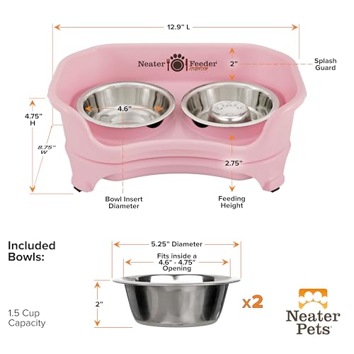 Neater Feeder Express Mess Proof Dog Bowls Elevated for Small Breed – Made in USA – No Spill Raised Slow Feeder Elevated Dog Bowl Stand, Stainless Steel Food and Water Bowl Set, Pink - color: Pink, size: Small w/ Metal Slow Feed Bowl