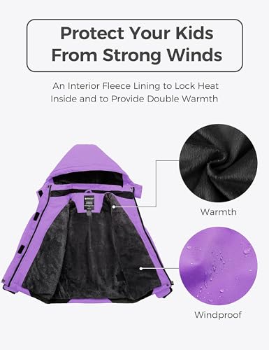 wantdo Girls Winter Ski Coat Fleece Snowboarding Jacket Waterproof 10000mm | Removable Hood, Chest Pocket, Fleece Lining, Windproof, Machine Washable - color: Purple, size: 10-12