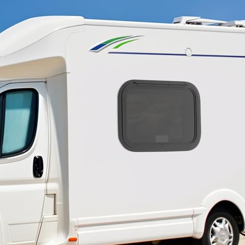 RV Exit Window W/ Trim Ring & Screen, Push Out Glass Camper Window – Tempered Glass/Aluminum Alloy, 22*15in Hole, 38mm Wall Thickness, Black for RV/Camper/Trailer Owners