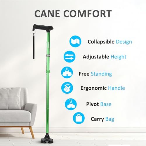 REHAND Walking Cane for Men & Women - Foldable, Adjustable, Lightweight, Self Standing Pivot Walking Cane, Soft Handle Grip, with Travel Bag, Walking Sticks for Seniors & Adults - color: Green
