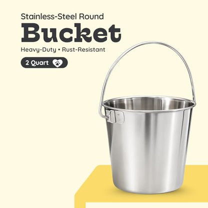 2 quart Heavy Duty Stainless Steel Round Bucket with Handle | 0.5 gal Sturdy Food & Water Bowl for Small Birds Dog Cat & Livestock | Fits kennel Crate Cage Farm | Hanging Utility Pet Pail - size: 2 Quarts