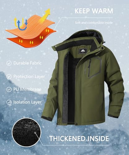 Men's Mountain Ski Jacket Winter Snow Coats Waterproof Warm Fleece Lining Jacket Parka with Hooded - color: Army Green, size: Medium