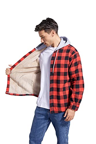 Men's Cotton Plaid Shirt Jacket Fleece Flannel Sherpa Button Down - color: Red Black, size: Small