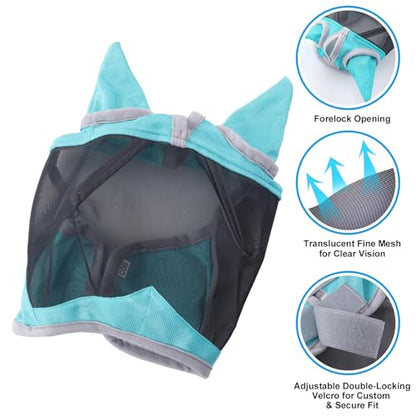 Horse Fly Mask with Ears, Breathable Fine Mesh Turquoise Full - color: Turquoise, size: Full