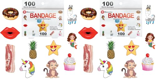 BioSwiss Bandages, Assorted Animal, Fun, and Food Shaped Self Adhesive Bandage Set, Latex Free, Sterile Wound Care, 100 Count (Pack of 2) - size: 100 Piece Assortment (Pack of 2), style: Assorted Shapes