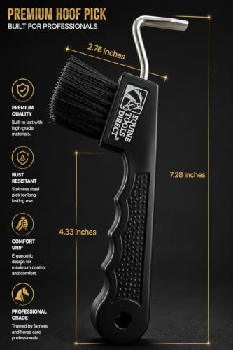 Horse Hoof Pick with Brush, Soft Touch Ergonomic Black Handle, Durable Hoof Cleaning Tool for Horses, Ponies & Farrier Hoof Care