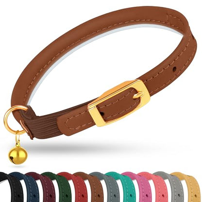 OOPSDOGGY Rolled Leather Cat Collar with Bell - Reflective Kitten Collar with Safety Elastic Strap - Adjustable Small Pet Collars for Boy Girl Cats (Brown) - color: Brown