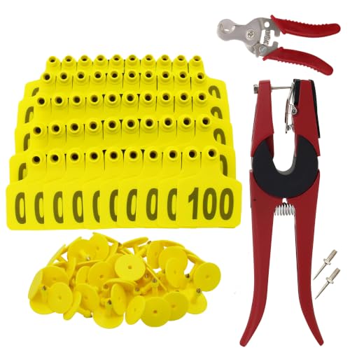 Cattle Ear Tags numberd 001-100 with Applicator Kit,Yellow - color: Yellow, size: 001-100 with Tagging & Removal Pliers Kit